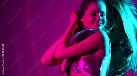 Hot Model Girls Dancing In UV Neon Lights Disco Party Sexy Babe Women With Perfect Slim