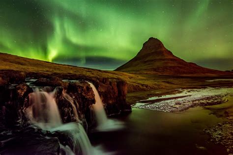 Iceland North Night Northern Lights Mountain Volcano