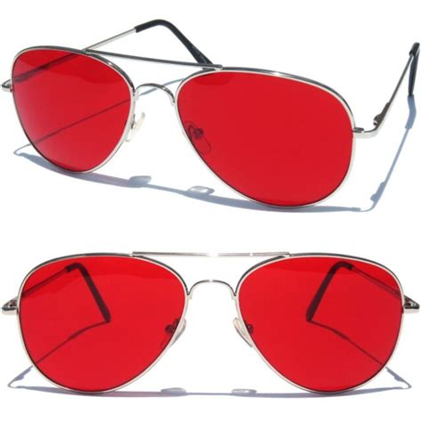 Aviator Red Lens Sunglasses Classic Retro Style Sunnies Chrome Metal Frame Ebay