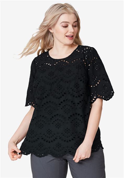 Scalloped Hem Eyelet Blouse By Ellos Plus Size Blouses And Shirts