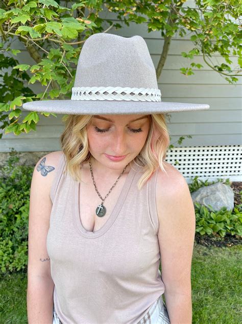 Flat Brim Grey Hat Ivory Strap Around Top Fits Like Normal Hat Has