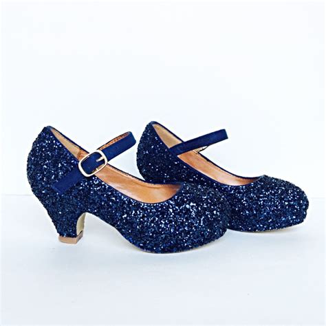 Toddler Glitter Shoes Blue Kids Girls Heel Navy Dark Blue Heel