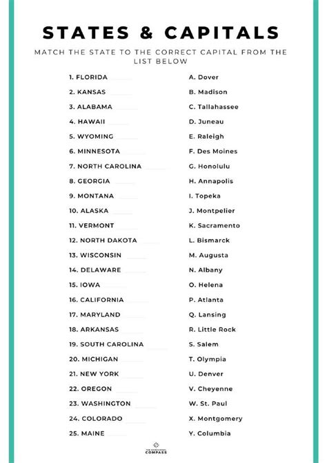 Free Printable States And Capitals Worksheet Homescho