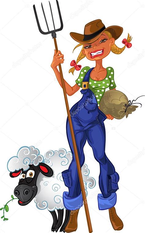 sexy farm girl with agricultural implements and sheep — stock vector © yadviga 3333056