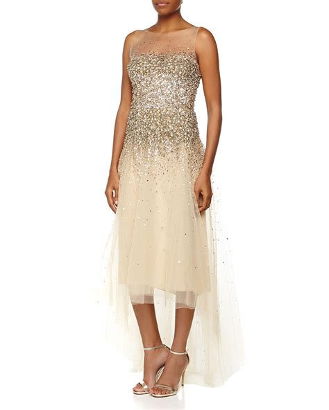 Monique Lhuillier Embellished High Low Gown Gold