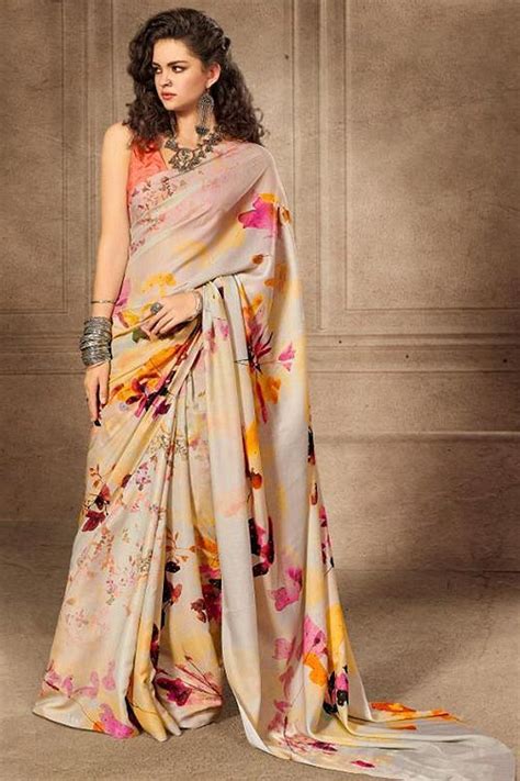 buy floral printed saree in satin online like a diva