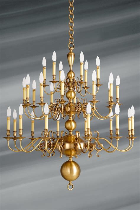 Dutch Style Brass Chandelier Thirty Lights Lucien Gau Massive
