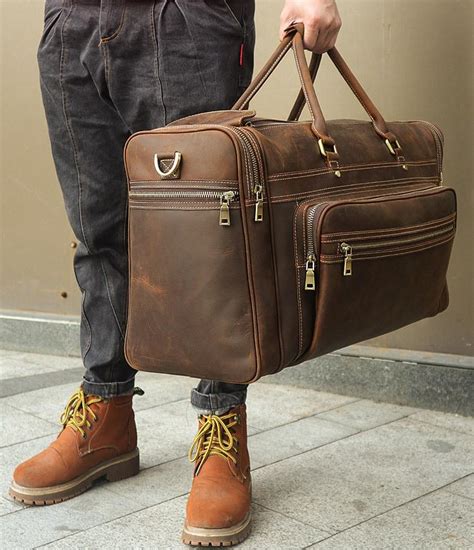 Vintage Large Leather Mens Overnight Bag Brown Travel Bag Weekender B