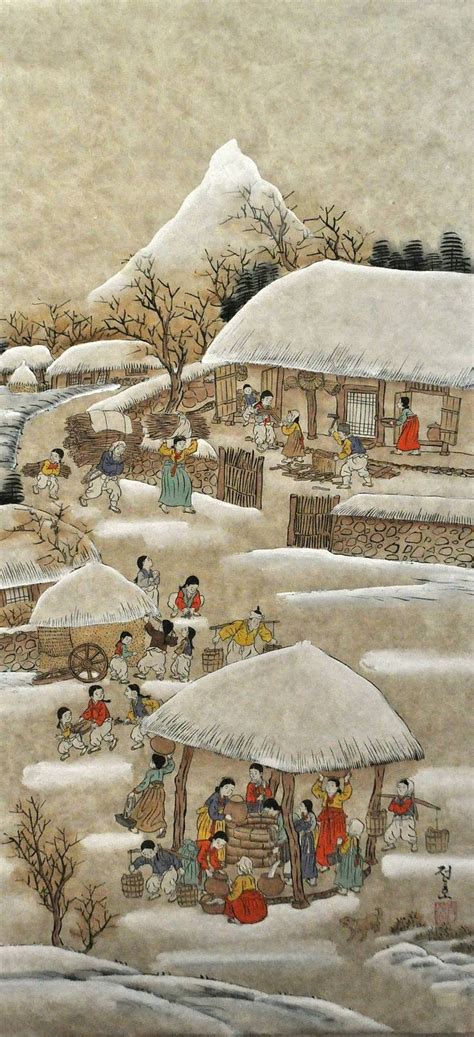 Traditional Korean Winter Folk Village Landscape Original Watercolor