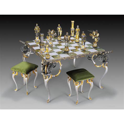 Gold And Silver Onyx Square Medioevale Themed Chess Table And Chairs