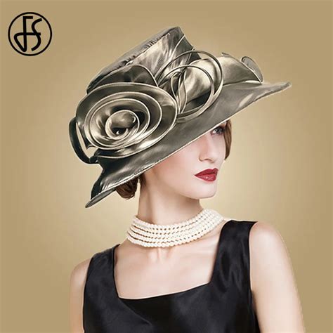 Fs Elegant Organza Hats For Women Ladies Church Hat Wide Brim Fedoras With Large Flowers Flat