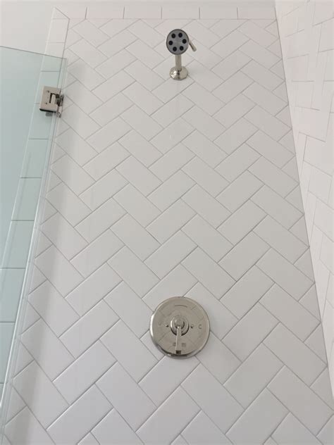 3x6 White Subway Tile Set In Herringbone Pattern Sterling Silver Grout Subway Tile Showers