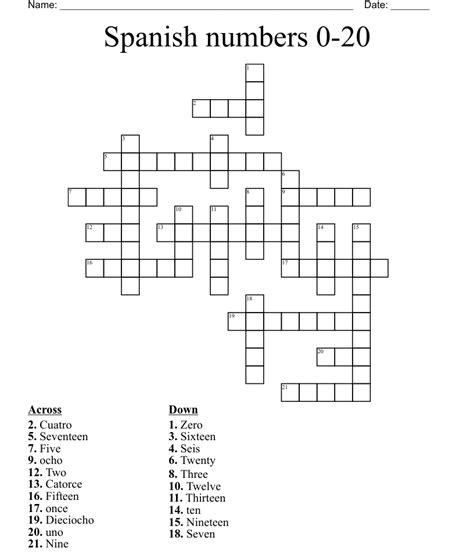 Spanish Numbers 0 20 Crossword Wordmint