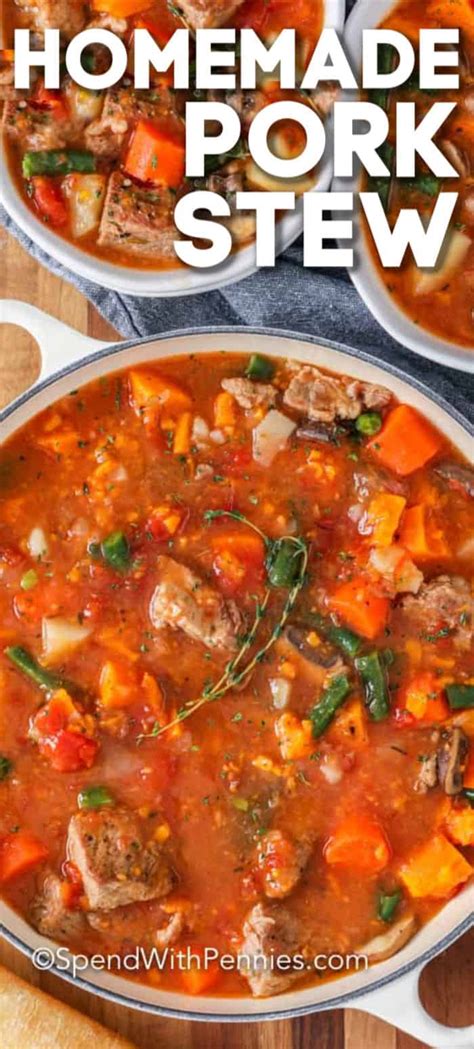 Slow cooker pork stew has tender chunks of meat and complementing vegetables in a flavorful broth! Pork Stew {Hearty and Tender} - Spend With Pennies