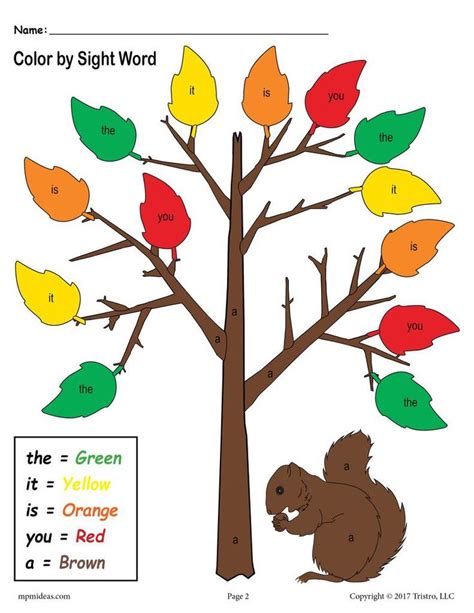 Fall Themed Color By Sight Words 2 Printable Preschool Sight Word