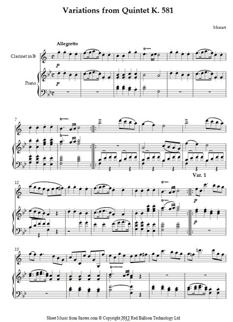 Mozart Variations From Quintet K 581 Sheet Music For Clarinet