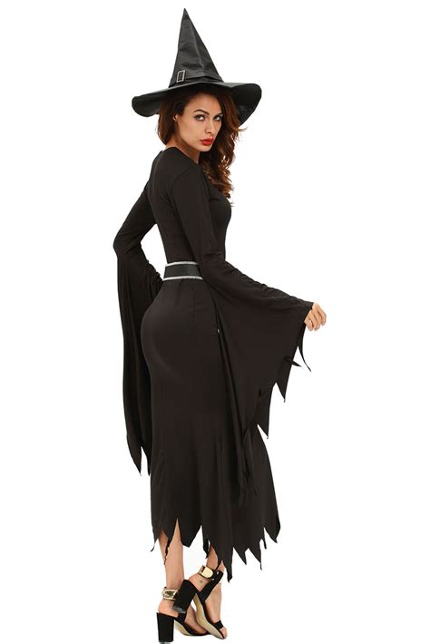 Women All Black Gothic Witch Halloween Costume Dress High Low Role Play