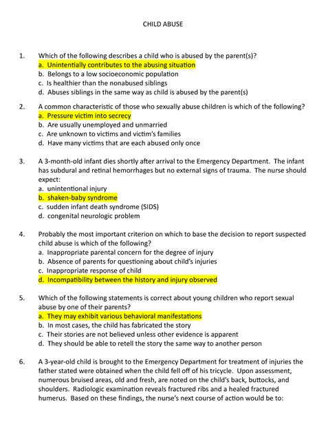 Child Abuse Quiz Answer Key Child Abuse Which Of The Following