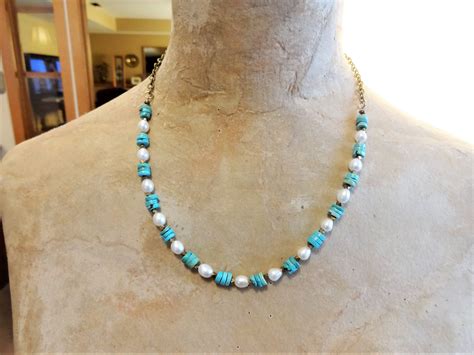 Turquoise And White Pearl Necklace With Antique Brass Boho Luxe