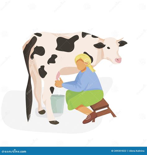 Woman Milks Cow Russian Female Milks Cow Cartoon Vector 208705033