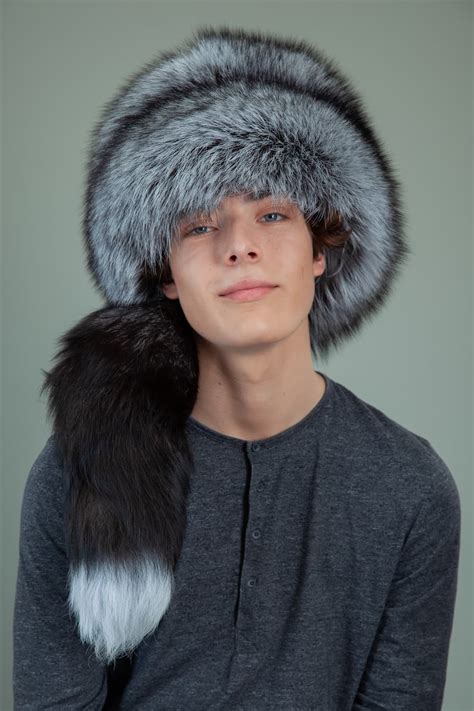 Round Natural Silver Fox Fur Hat With Detachable Tail Handmade By Nordfur