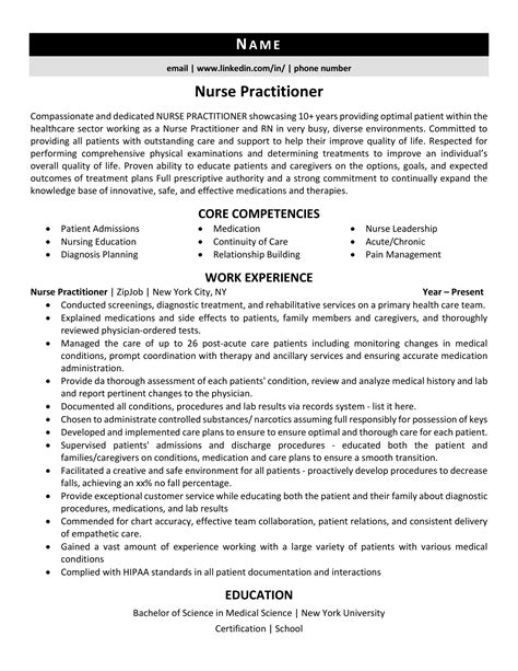 Nurse Practitioner Resume Example And Guide Zipjob