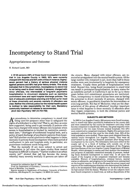 PDF Incompetency To Stand Trial Appropriateness And Outcome