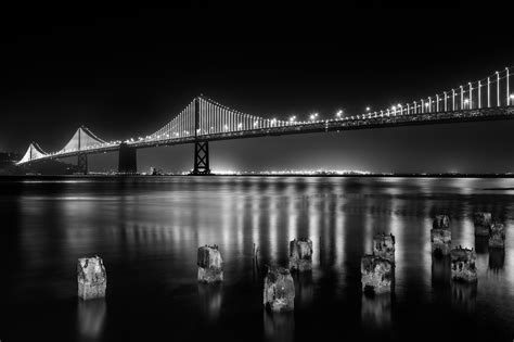 San Francisco Bay Bridge At Night Time Monochrome 5k Hd Photography