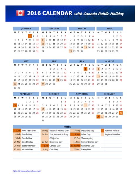 2016 Canada Public Holidays Calendar