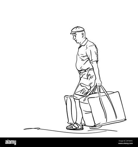 Drawing Of Middle Age Man Carrying Two Big Heavy Bags And Wearing Cap