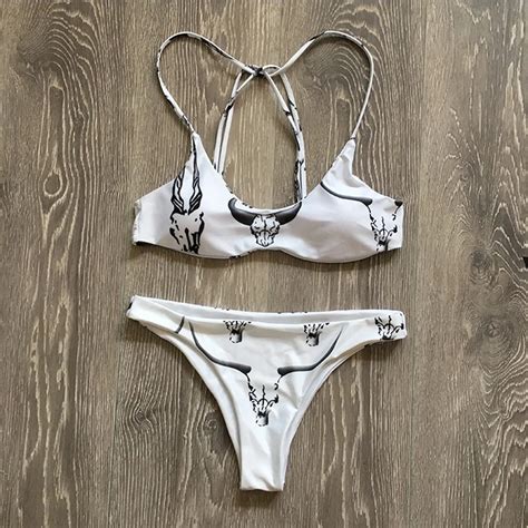 2017 women s white tau cow skull print sling triangle bikini set swimwear swimsuit biquini