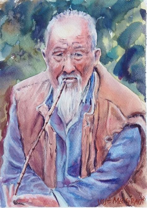 Old Chinese Man Watercolor Painting Art Original One Of A Kind 8 X 10