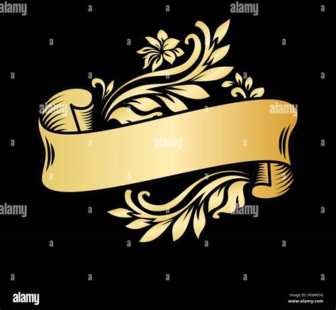 Gold Vintage Ribbon Banner With Leaves And Flowers Drawing In