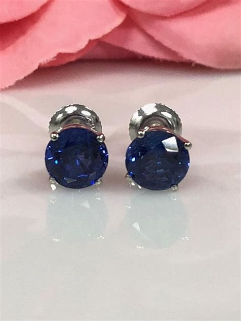Round Blue Sapphire Stud Earrings 2 50ctw In 14k White Gold Etsy