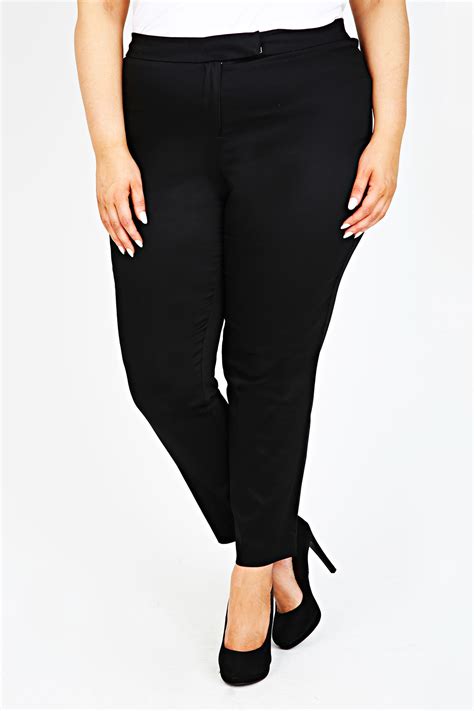 Black Cotton Sateen Slim Leg Trousers With Stretch Waist Plus Size 14161820222426