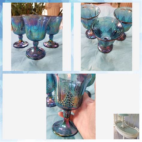 4 Vintage Blue Carnival Wine Goblets Carnival Glass Blue Etsy
