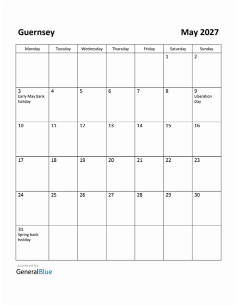 Free Printable May 2027 Calendar For Guernsey