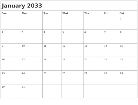 January 2033 Month Calendar