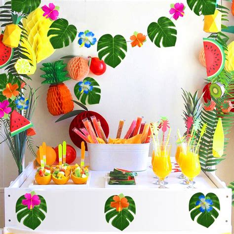 60pcsset Hawaii Tropical Palm Leaves Hibiscus With Stem Leaf Set Party