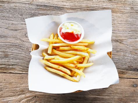 French Fries With Ketchup And Mayonnaise Sauce Stock Photo Image Of
