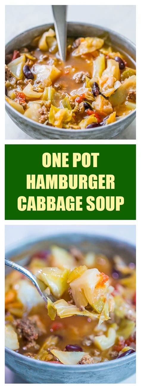 Vegetarian cabbage soup may use mushroom stock. One Pot Hamburger Cabbage Soup - kitchen.mamarecipes