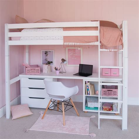Classic Beech High Sleeper With Desk Chest Of Drawers And Storage Bookcase Pure White Bunk