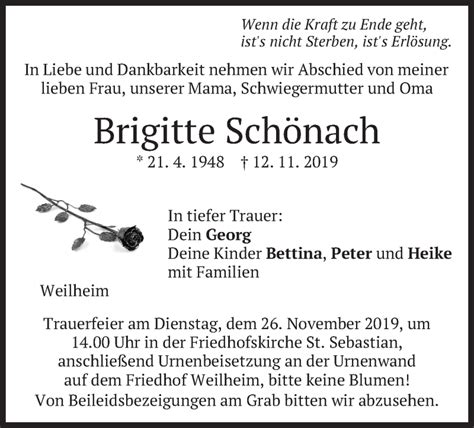 Traueranzeigen Von Brigitte Schönach Trauermerkurde