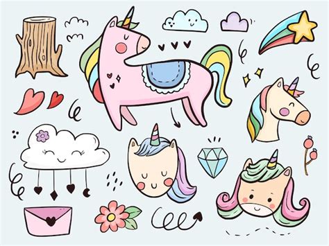 Conjunto De Dibujos Animados Lindo Doodle De Unicornio Para Niños Para