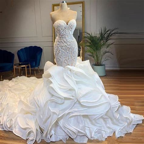 Cascading Ruffles Cathedral Train Mermaid Wedding Dresses Bridal Gowns