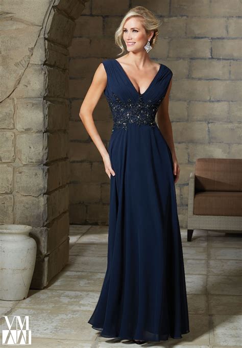 Cheap Long Elegant V Neck Chiffon Navy Blue Formal Evening Dresses