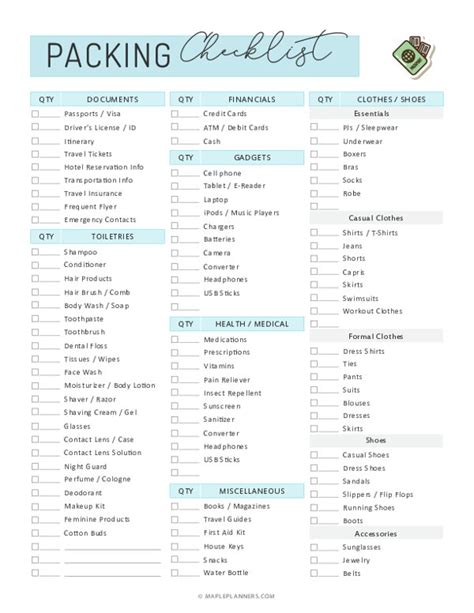 Free Printable Travel Packing Checklist