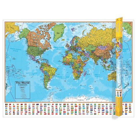 Waypoint Geographic Hemispheres Laminated World Wall Map W Blue Oceans Easy To Read Up To