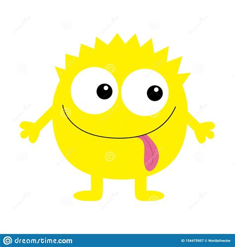 Monster Yellow Round Silhouette Two Eyes Tongue Hands Cute Cartoon