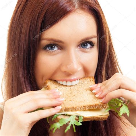 Cheerful Woman Eating Sandwich With Cheese Stock Photo G Studio